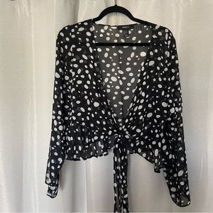 Forever21 polka dot tie front ruffle blouse
